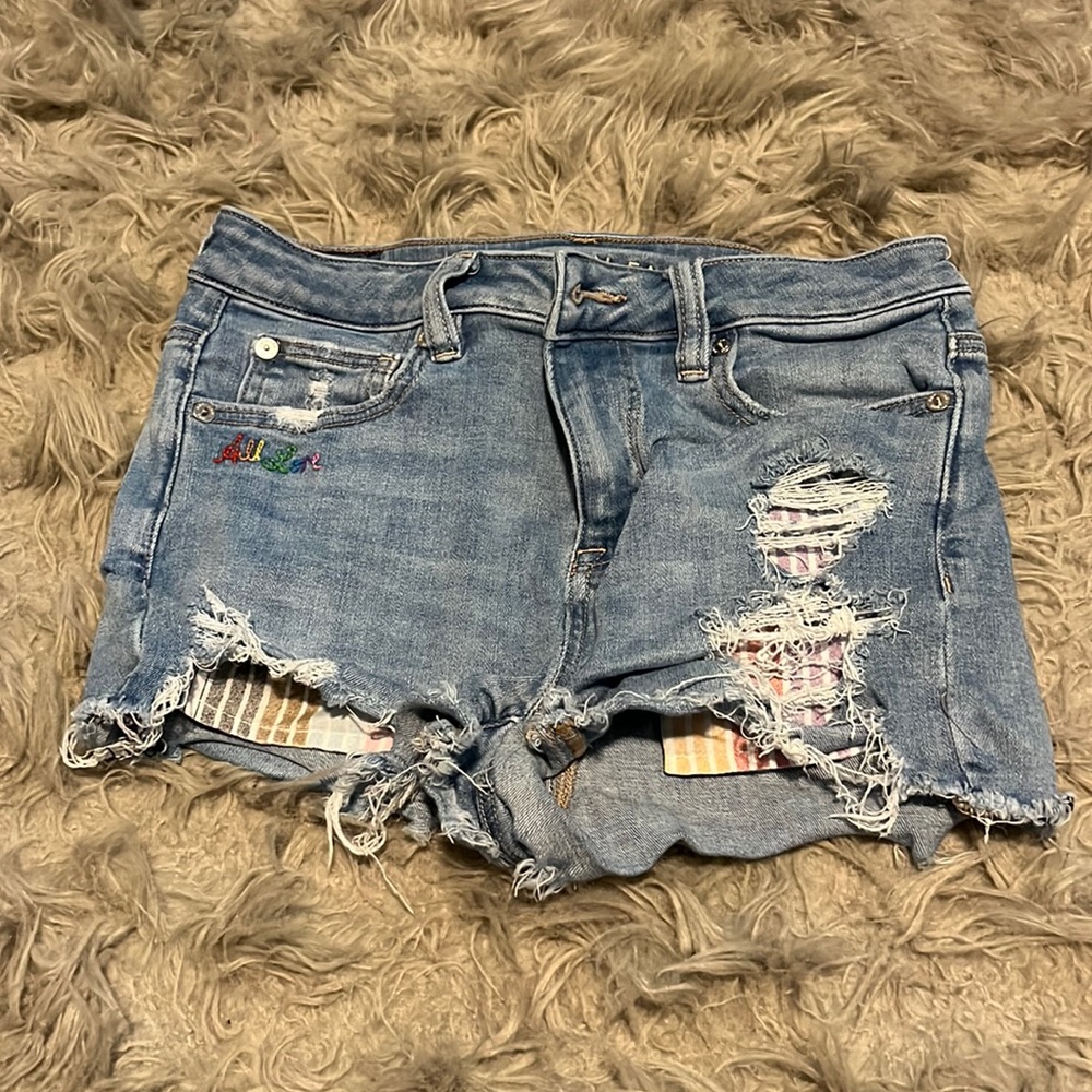 American Eagle Next Level Stretch Rainbow Pride Hi-Rise Denim Shortie Shorts